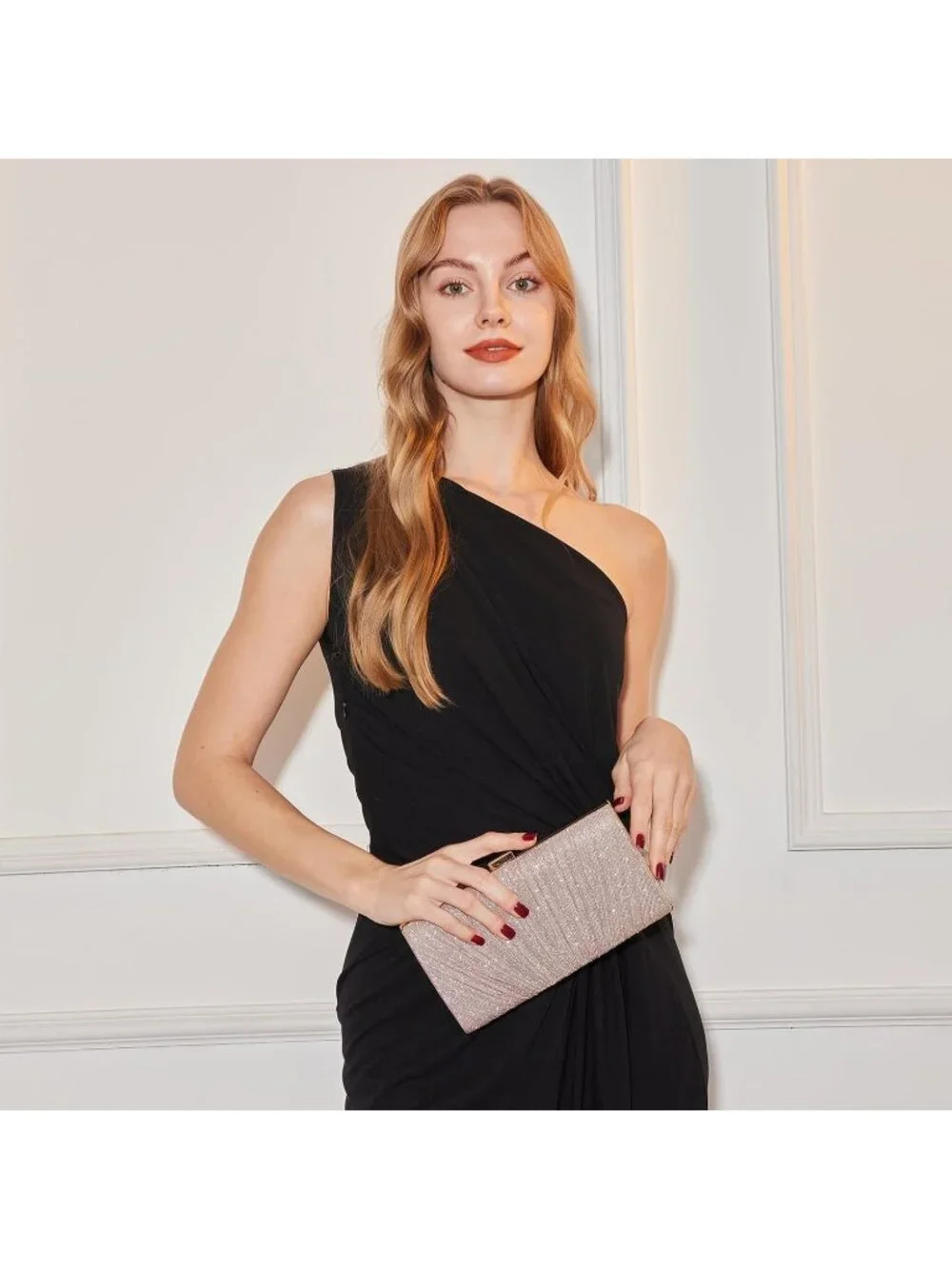 Women's Pink Pleated Evening Handbag with Chain Prom Classic Clutch Purses
